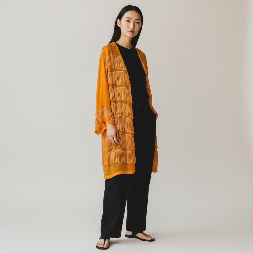 Vintage Orange Fringe Kimono Cardigan Molato Midi Kimono Bohemian Festival